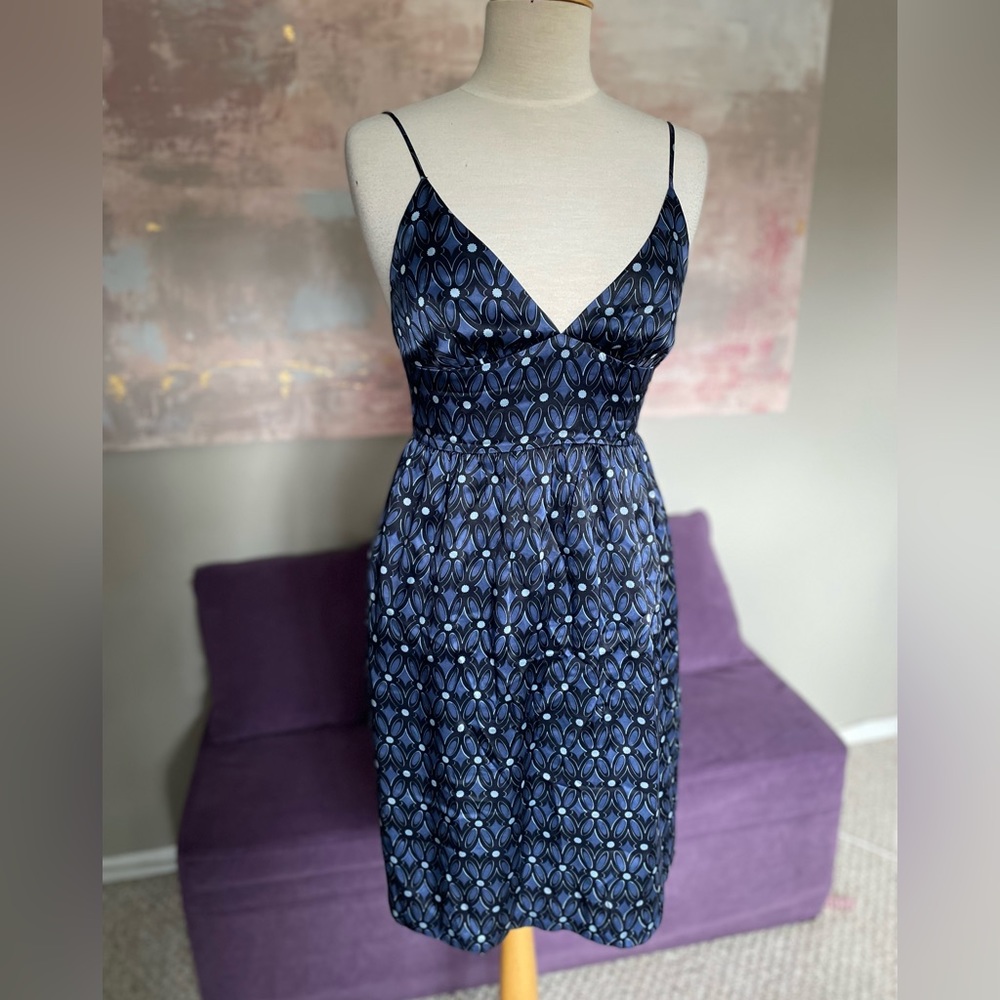 Jacob Connexion 100% silk‎ Y2K spaghetti strapped dress blue & black size 5/6